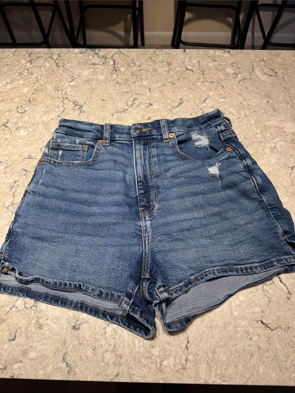 American Eagle Outfitters High-Rise Distressed Blue Denim Shorts